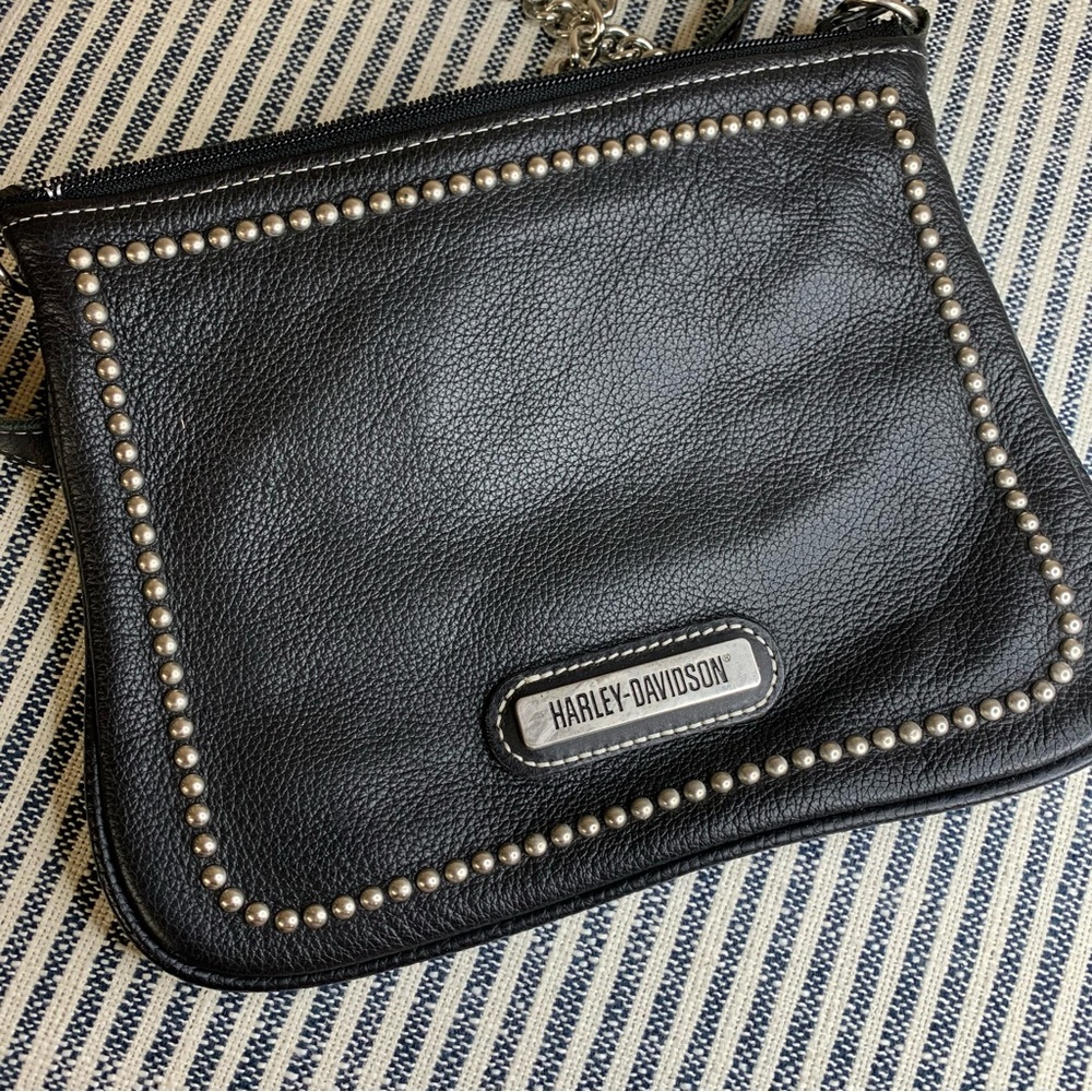 Harley-Davidson Black Leather Studded Purse with Chain Strap